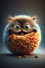 Fototapeta premium Funny postcard of a baby cat with big eyes in kawai style. AI generated