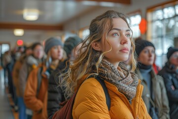 People are standing in line. Portrait of one person against the background of the crowd on the street. Generative AI