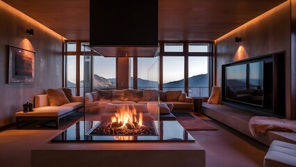 Living room with glass fireplace