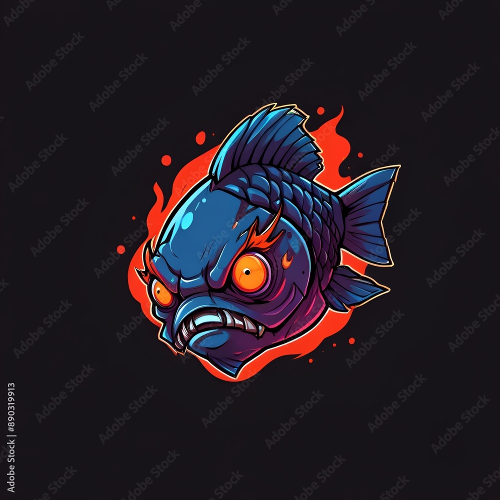 Poster a fish with red eyes and a mouth that is open and angry