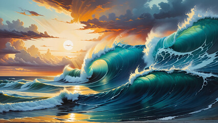 Dramatic stormy waves in sun set