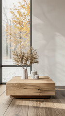 Property interiors with a modern design, minimal furniture and natural window lighting. Minimalist interiors design composition in warm tones.