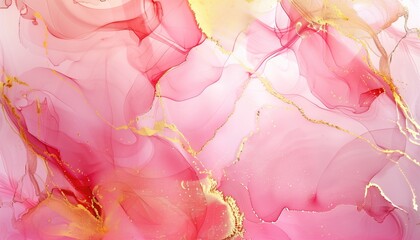 Abstract pink and gold fluid art painting with marbled patterns and shiny details. Home decor, art prints, background, modern art, interior design, wall art, creative inspiration.