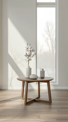Fototapeta premium Property interiors with a modern design, minimal furniture and natural window lighting. Minimalist interiors design composition in warm tones.
