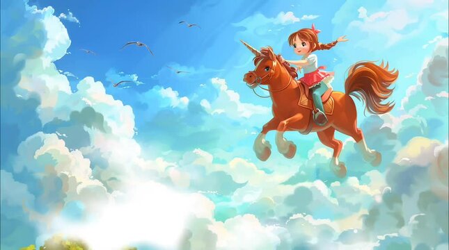 Little girl riding unicorn on the clouds. Seamless loop video background. Seamless looping time-lapse 4k video animation background
