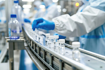 Pharmaceutical workers in protective clothing inspecting vials on an assembly line in a cleanroom. Biotechnology, pharmaceutical manufacturing, quality control, laboratory, healthcare production.