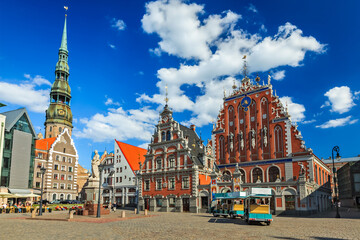 Fototapeta premium Riga Town Hall Square, House of the Blackheads and St. Peter's Church, Riga, Latvia