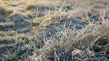 Fototapeta premium Grass in the meadow coated with frost