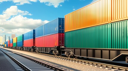 Obraz premium Freight train loaded with diverse, vibrant cargo containers traveling through an industrial area, urban skyline visible