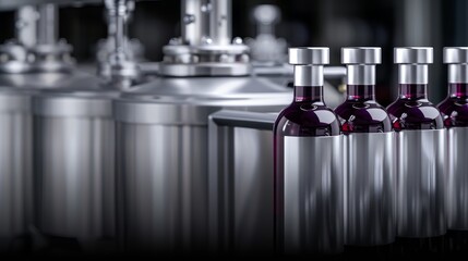 High-tech wine factory, detailed image of the filling process, stainless steel machinery, clean environment, ultra HD, vibrant colors