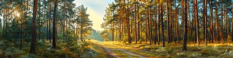 Obraz premium Sunny Panoramic Forest of Spruce Trees in Autumn