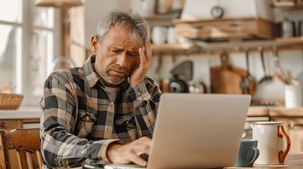 Obraz premium Frustrated man holding his head while using laptop