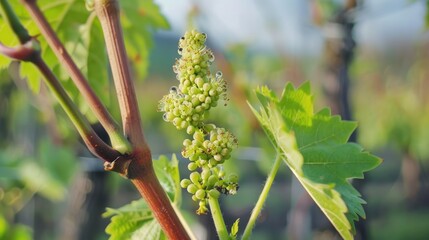 Grapevine spring foliage and flower buds natural background in agriculture
