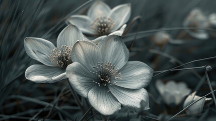 Gray flowers reflected beautifully on a grassy backdrop