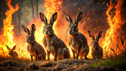 Natural disaster forest fire. Intense flames from a massive forest wildfire. Forest hare animals saved during the forest fire. Catastrophe and apocalypse.