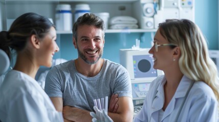 Obraz premium A group of cheerful medical professionals engaged in a friendly discussion in a clinical setting.