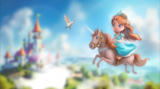 Fairy princess riding unicorn with a dove near castle. Seamless looping time-lapse 4k video animation background