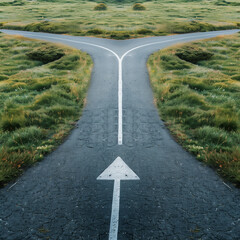 Two diverging paved paths in a green field with a directional arrow.
