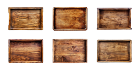 Collection of wood serving tray, kitchen wooden tray isolated on a transparent background, top view, cut out, PNG