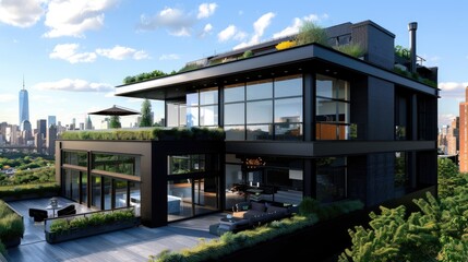 Obraz premium A sleek, contemporary home with a black exterior, large glass windows, and a rooftop garden overlooking the city.