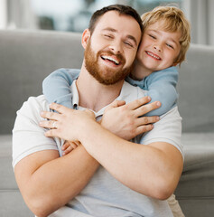 Father, son and home with hug in portrait for family, friendly smile for bonding with support. Dad, kid and home with youth happiness for learning and development, trust or care with embrace