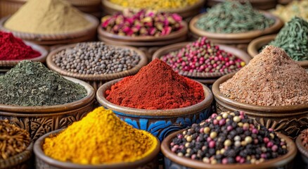 Fototapeta premium Colorful Spices Displayed in Ornate Bowls at an Open-Air Market