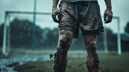 Fototapeta premium Medium Shot of Soccer Player with Muddy Shorts and Legs Standing in the Rain on a Football Field