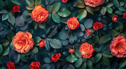 Orange Roses and Green Leaves Against a Dark Blue Background