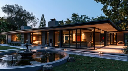 A sleek, contemporary home with a flat roof, large glass panels, and a small fountain in the front yard.