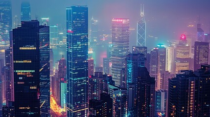 Fototapeta premium A cityscape at night with towering skyscrapers, some with lights turned off, highlighting the issue of energy conservation