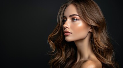 Fototapeta premium Woman With Long Brown Hair Posing Against Black Background
