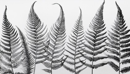 Detailed botanical illustration of fern fronds in pencil.