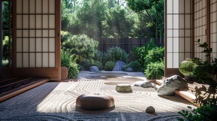 Create a prompt for a photo realistic image of a Japanese Zen garden house with sliding doors, tatami mats, and a peaceful garden.