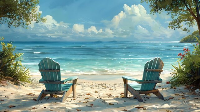 Tranquil retirement party invitation featuring an open area island resort with beach chairs with a writing space on the right side for retirement wishes and celebration details