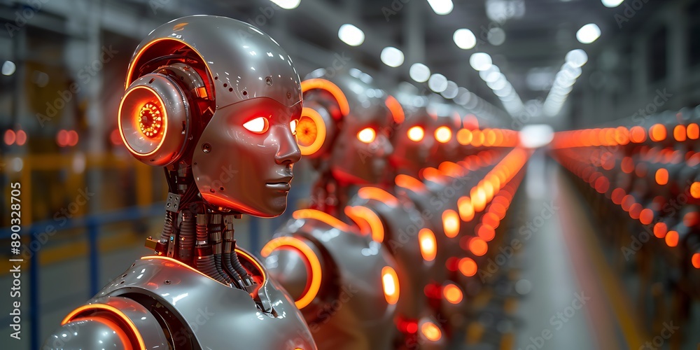 Wall mural 3d rendering humanoid robot heads in a row with glowing lights in the background
