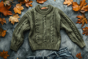 Photo of an olive sweater with autumn leaves on the background