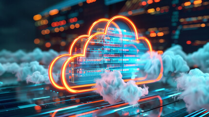 Cloud service for storing digital data concept poster. Big date electronic computer technology creative background. Data storage servers. Cloud computing hosting. AI artwork.