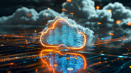 Cloud service for storing digital data concept poster. Big date electronic computer technology creative background. Data storage servers. Cloud computing hosting. AI artwork.