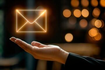 Holographic email concept. Businesswoman hand holds a lighted email icon. Communication and business idea. Copy space for text