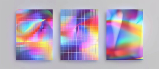 Fototapeta premium Three canvas prints feature abstract, prismatic swirls of color