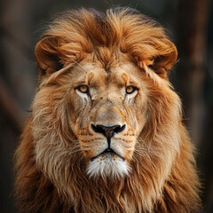 Fototapeta premium Portrait of a lion against the backdrop of a savannah landscape at sunset