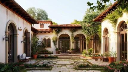 Obraz premium Generate a prompt for a photo realistic image of a Mediterranean villa with a central courtyard, terracotta roof tiles, and arched windows.