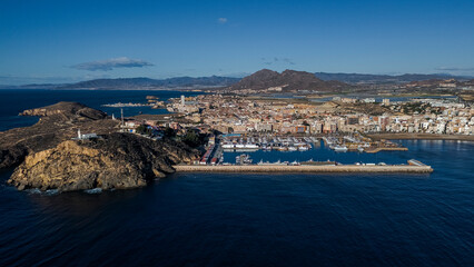 Naklejka premium Aerial view of the lighthouse and port of Mazarrón, Region of Murcia, Spain