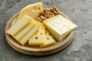 stack of holey cheese slices on wooden board, close-up. Beautiful simple AI generated image in 4K, unique.