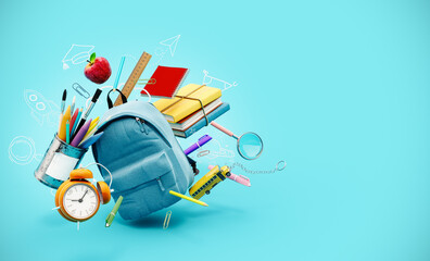 Blue backpack with alarm clock and school equipment. Back to school concept on blue background with copy space. 3D Rendering, 3D Illustration