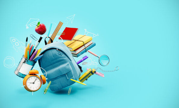 Blue backpack with alarm clock and school equipment. Back to school concept on blue background with copy space. 3D Rendering, 3D Illustration