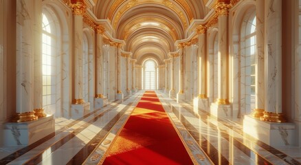 Obraz premium Sunlit Hallway With Red Carpet Leading to Open Doorway
