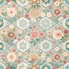Geometric Hexagonal Floral Pattern in Soft Pastel Hues