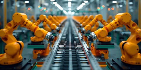 Fototapeta premium Robotic arm production line. Industrial background. 3d rendering.