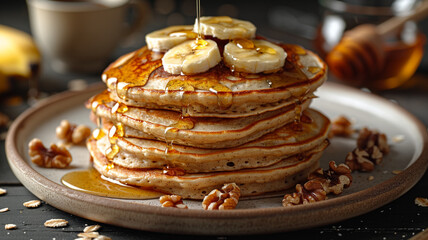 stack of Flavorful pancakes drizzled with honey